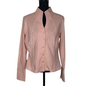 Vtg BARRIE PACE Women High Neck Blouse Sz L Pink Long Sleeve Button Front 10A-9